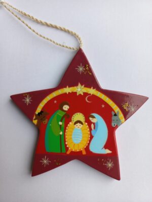 Houten Ster met kerststalletje (rood)