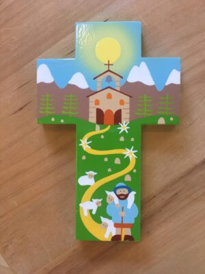Kruisje hout Goede Herder met kerkje