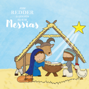 Kinderkerstkaart stal met Jozef, Maria, baby Jezus en ster