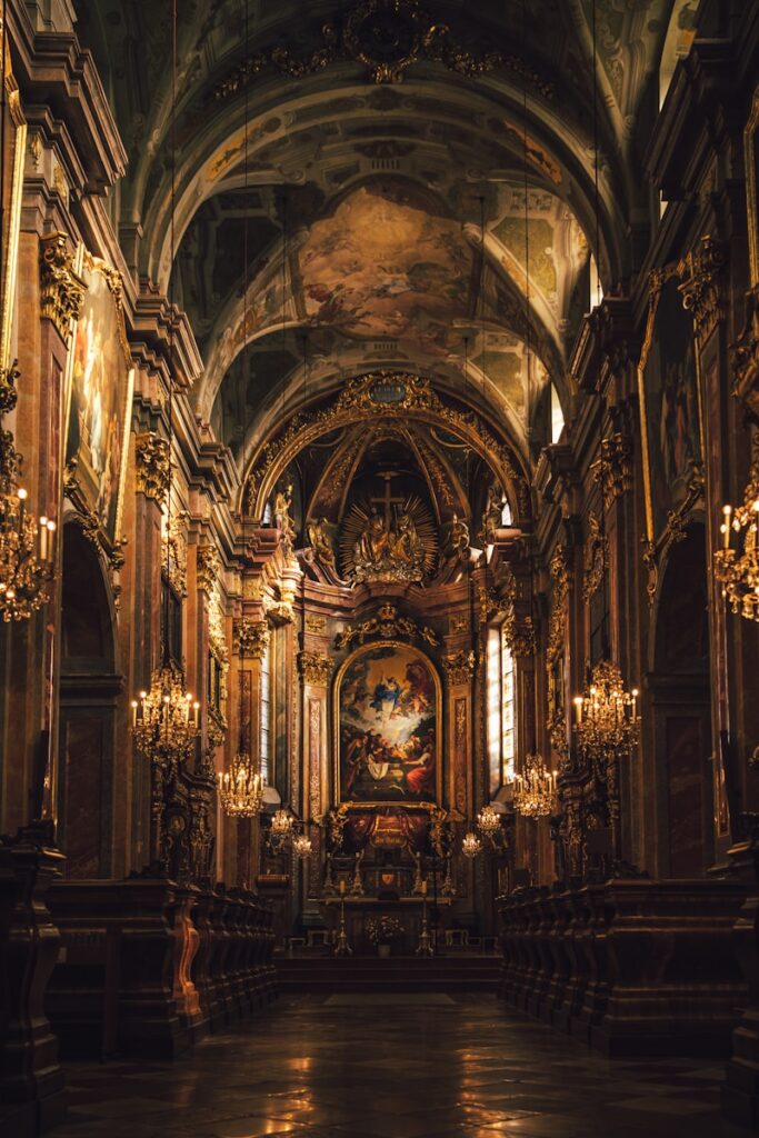 a church with a large painting on the wall